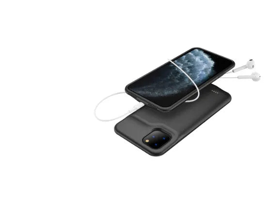 Black silicone iPhone battery charger case showing Lightning port and soft shell construction