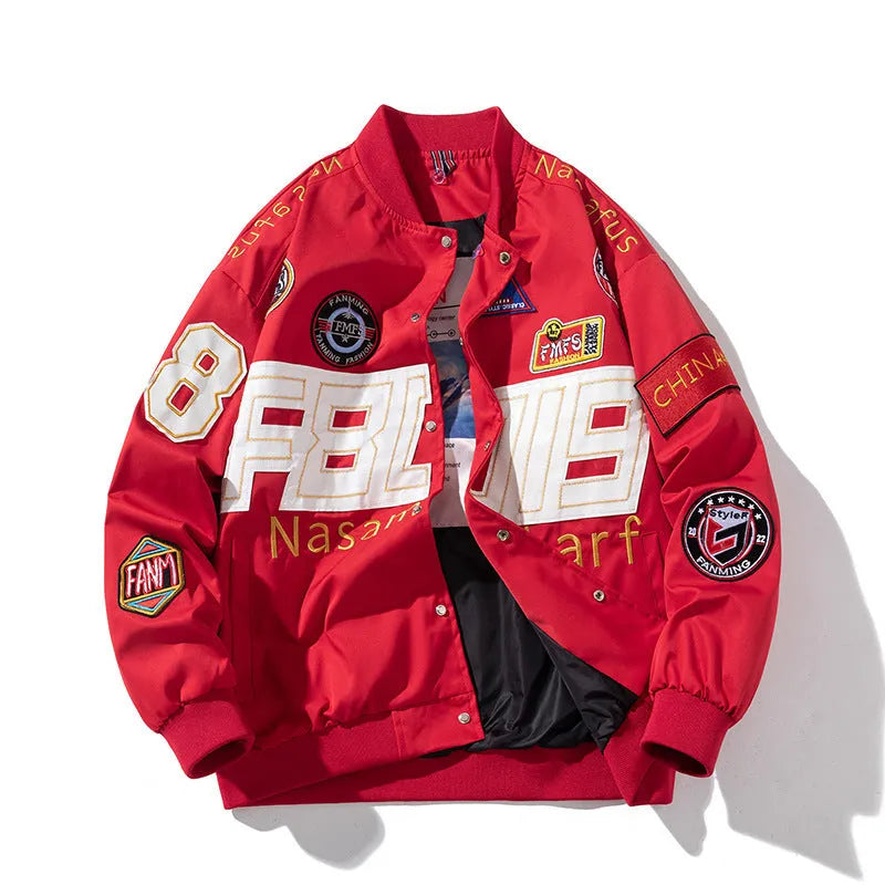 Thick polyester motorcycle jacket for men embroidered baseball design side pockets drawstring sleeves