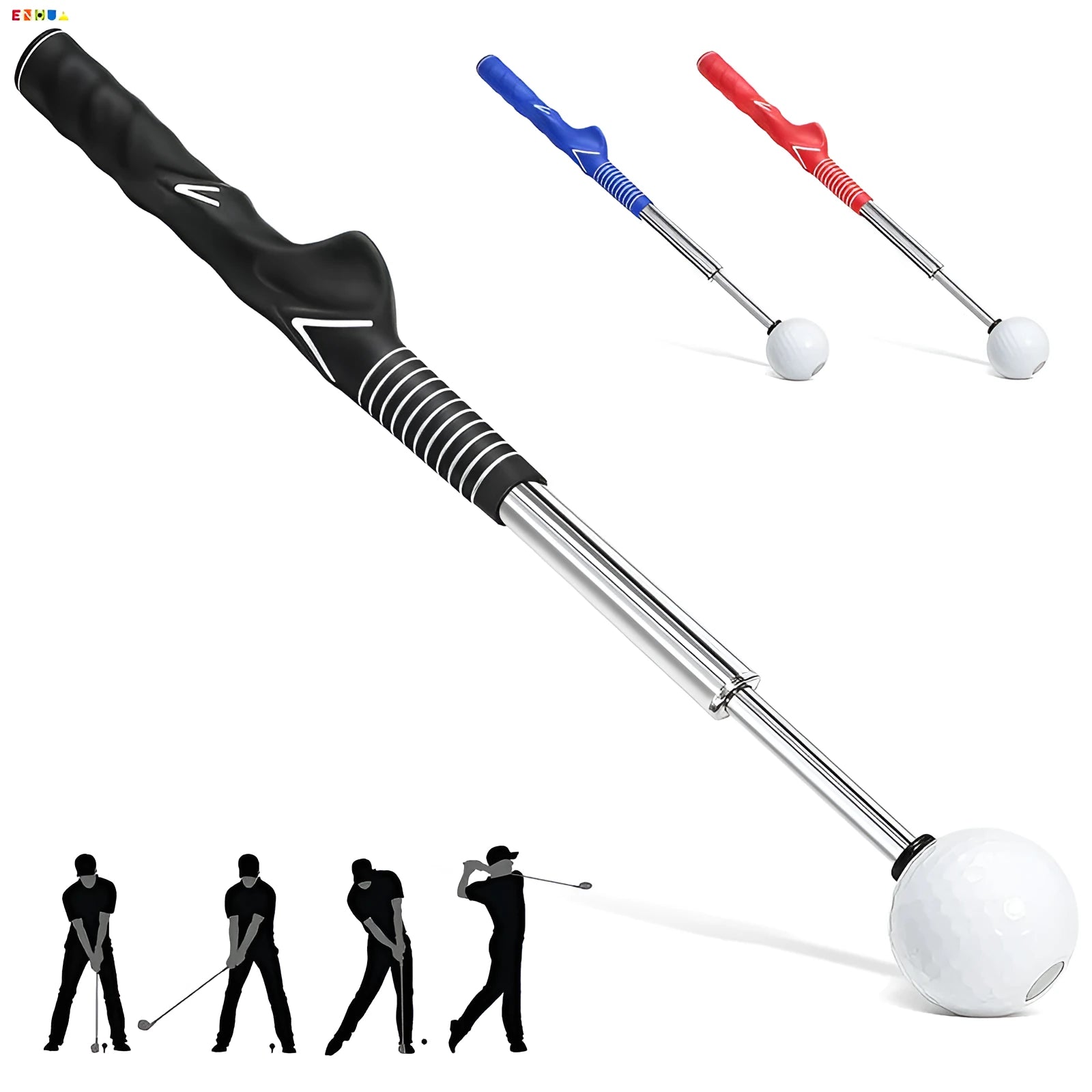 Telescopic golf swing trainer in stainless steel, shown extended for use