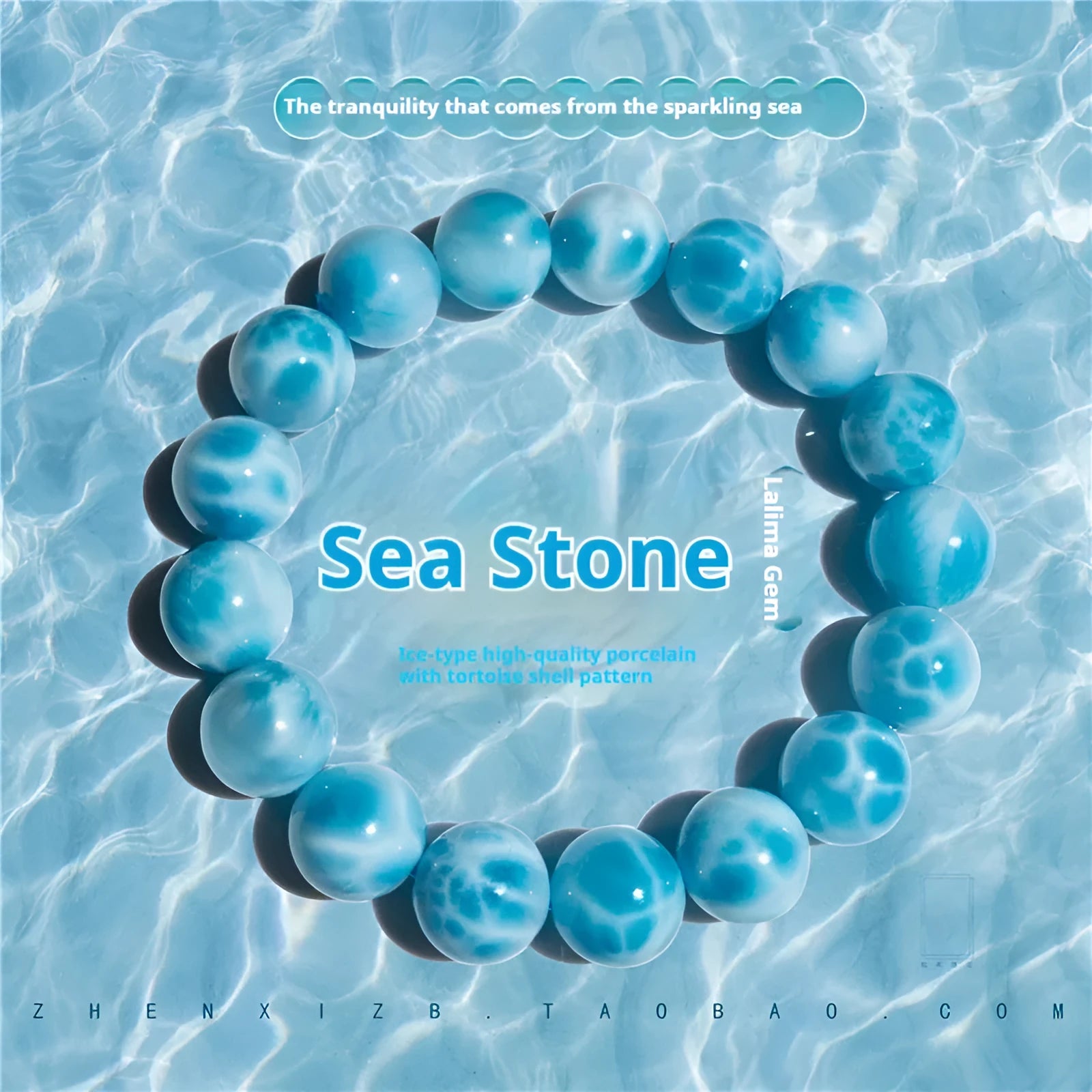 Blue Bodhi bead bracelet with white pearl accents on a plain background.