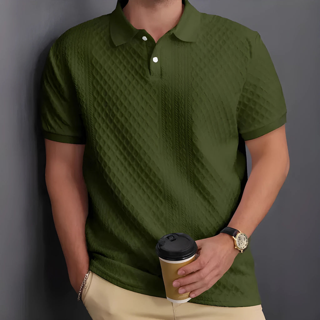 Jacquard fabric button placket polo shirt in olive green, cotton blend, sizes S to XXL