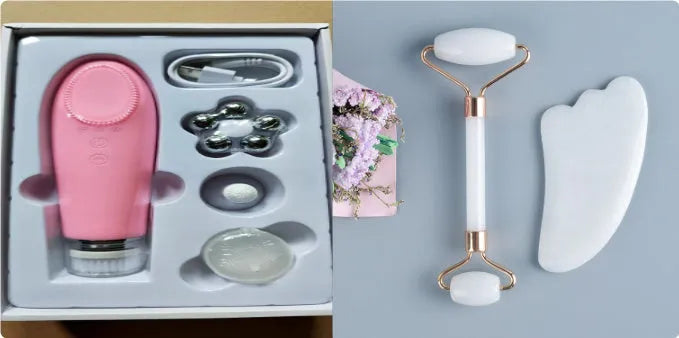 White jade facial roller set with double-headed roller claw and scraping board on wooden surface