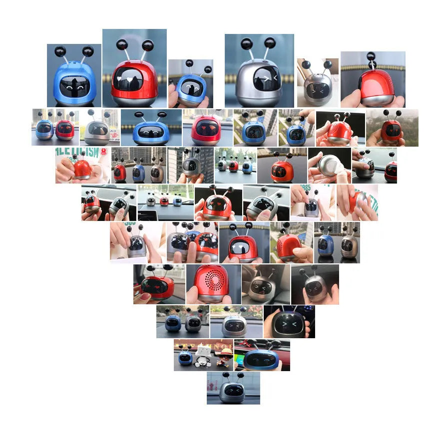 Robot-shaped car vent clip air freshener with aromatherapy gel in blue, grey, or red colour options.
