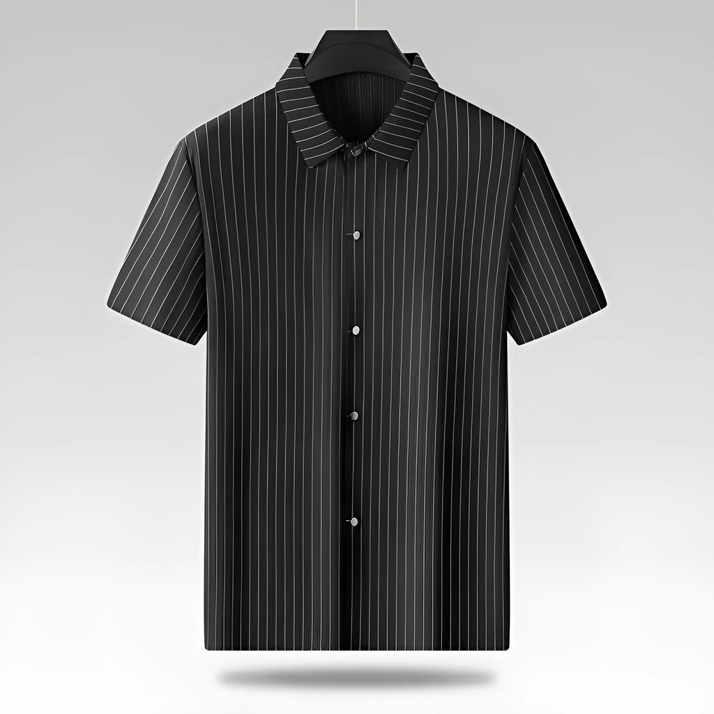 Men's black plus size loose-fit casual shirt with square collar and stripes