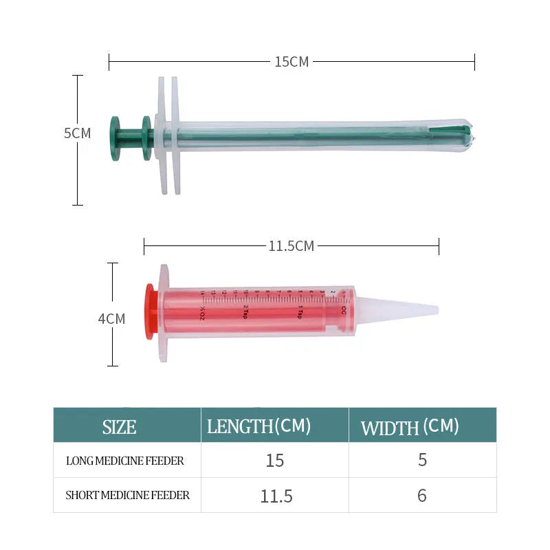 Two silicone pet pill shooters with soft tips for feeding medication to cats and dogs.