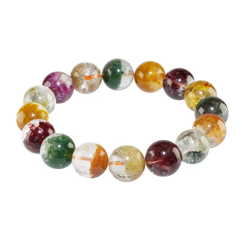Crystal bracelet with 10mm beads showing colourful four seasons stones in ghost cornucopia ethnic design