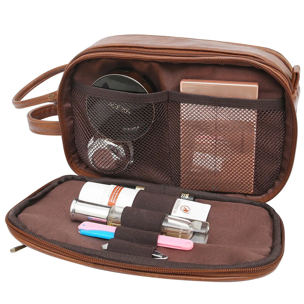 Men's black and brown Pu toiletry bag with zippered closure for travel storage