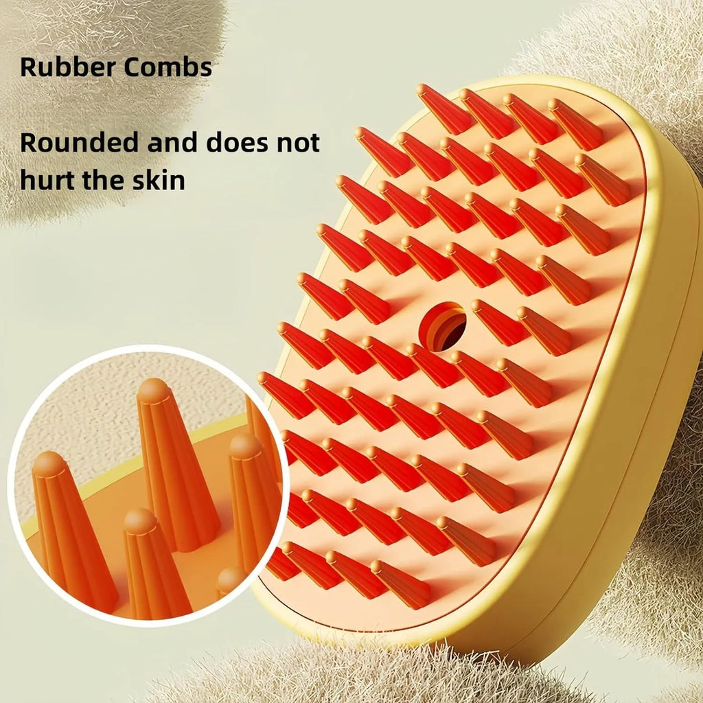 White or yellow rechargeable steam pet brush for dogs and cats on a plain background