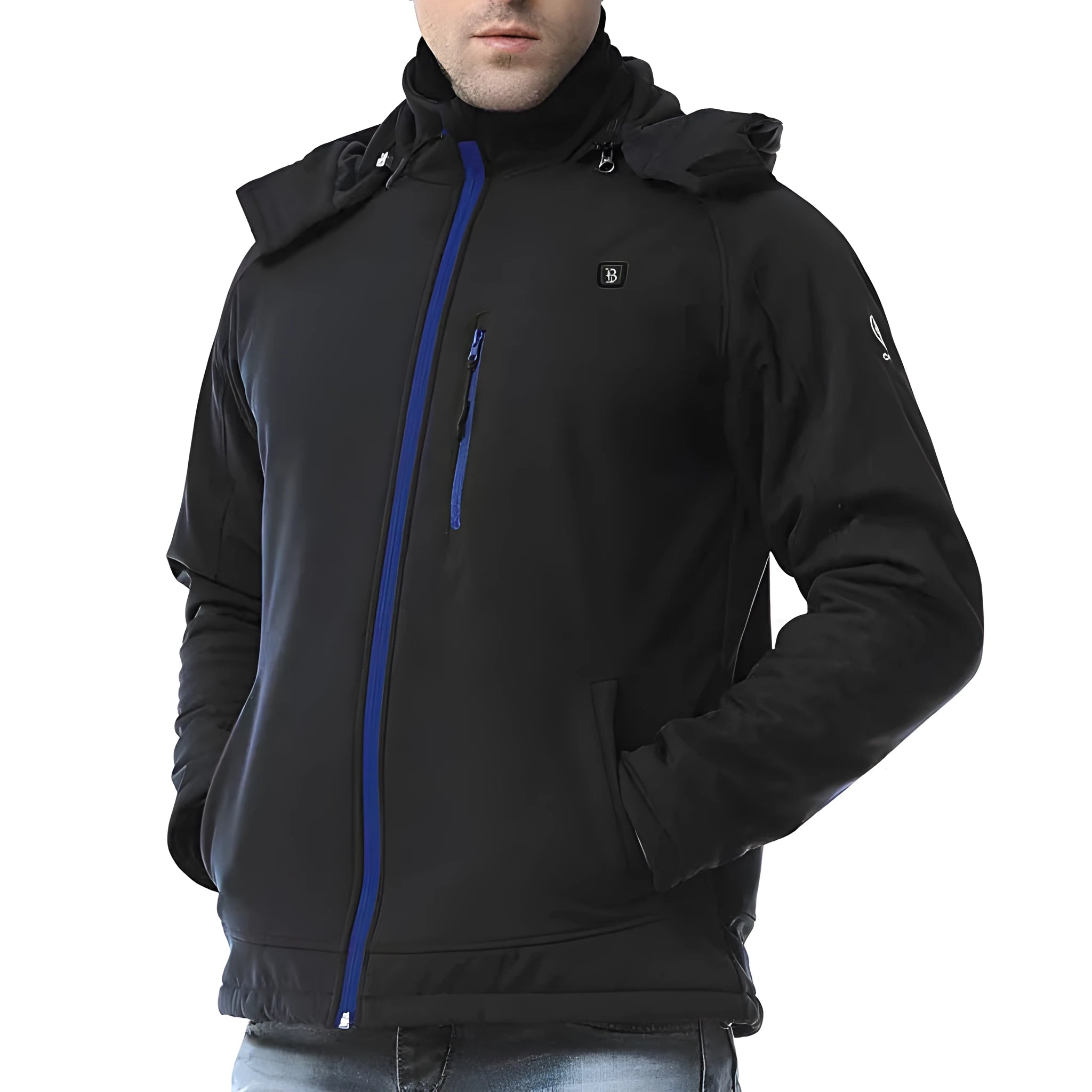 Black men's winter waterproof coat with zip pockets and long sleeves on a size chart.