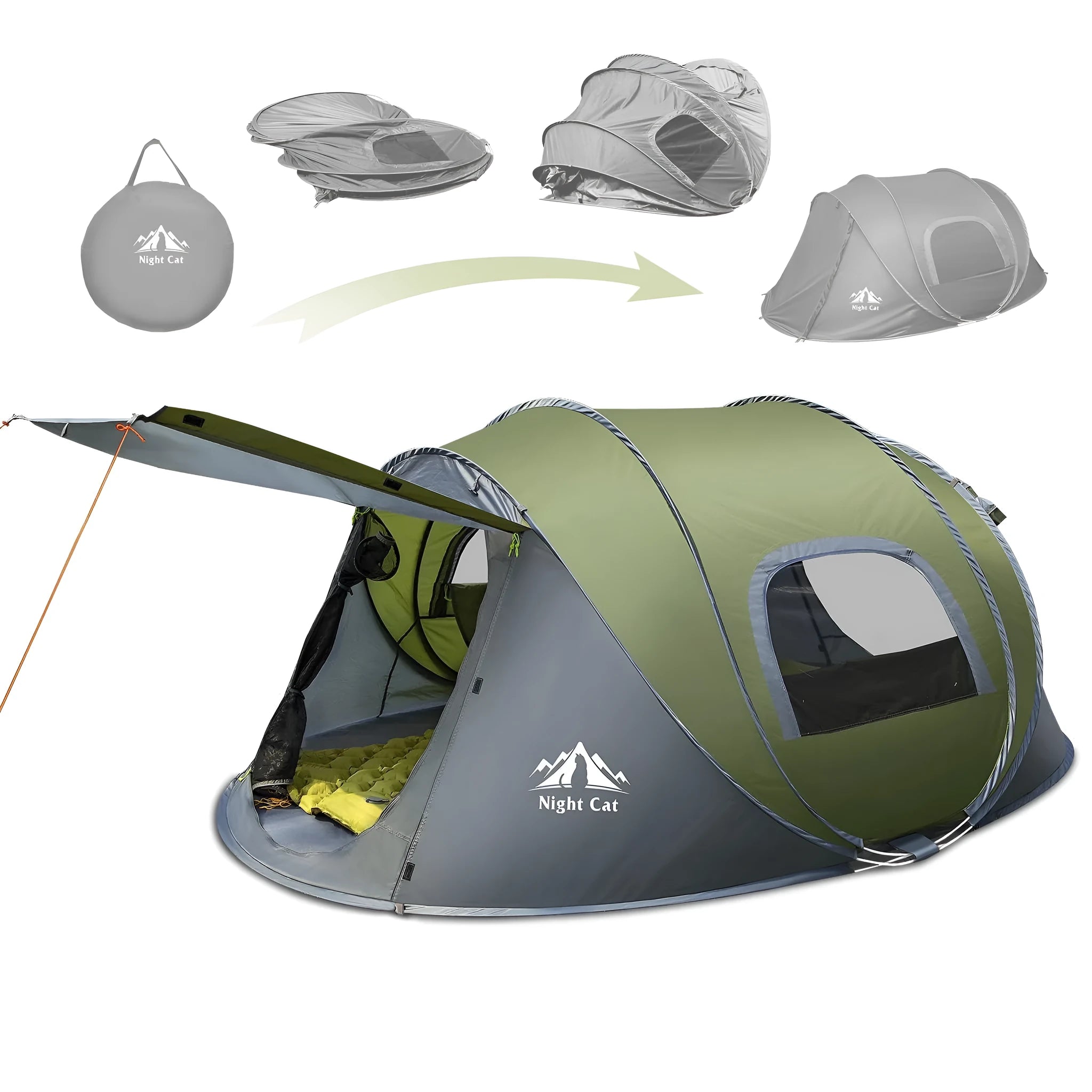 Dark green instant automatic camping tent for two people showing dimensions and waterproof construction