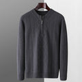 Men's loose fit wool sweater with diamond pattern and half-zip front in light camel colour