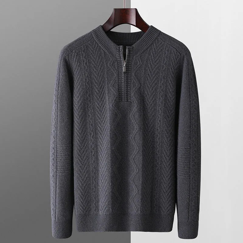 Men's loose fit wool sweater with diamond pattern and half-zip front in light camel colour
