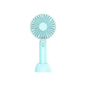 Blue handheld USB electric fan with speed control buttons and oscillation function on desktop