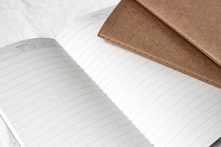Travel cowhide diary refill notebook showing 11x21cm size and saddle stitch binding