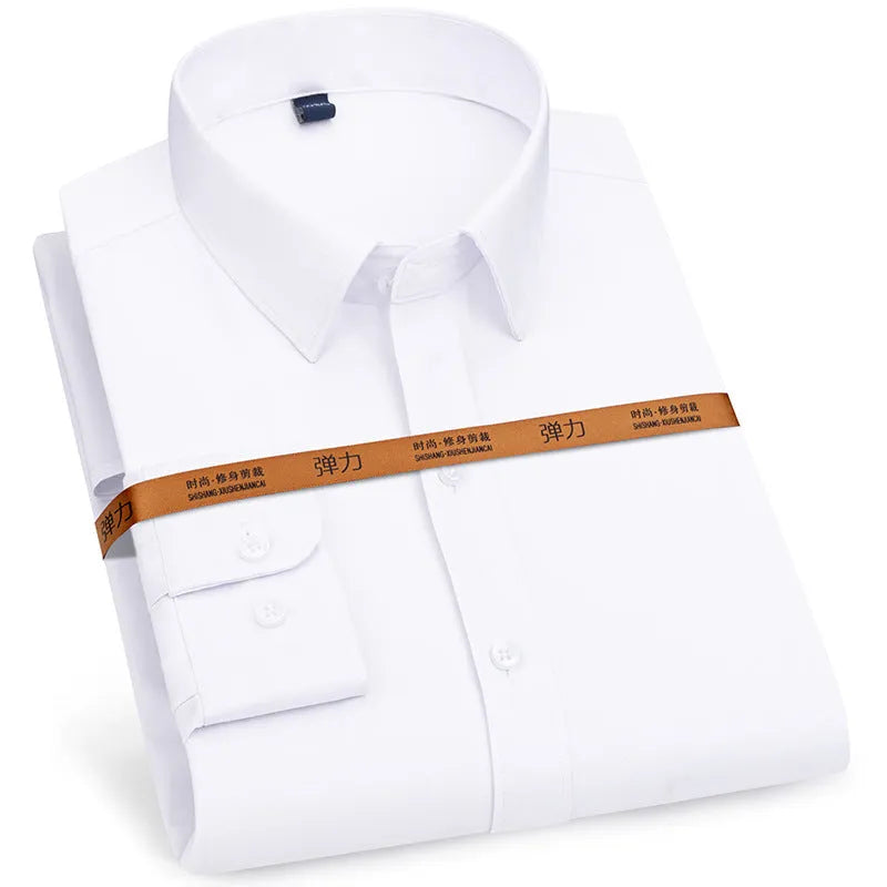 Men's long-sleeved stretch business cardigan shirt in solid colour, slim fit, polyester fabric, autumn work wear