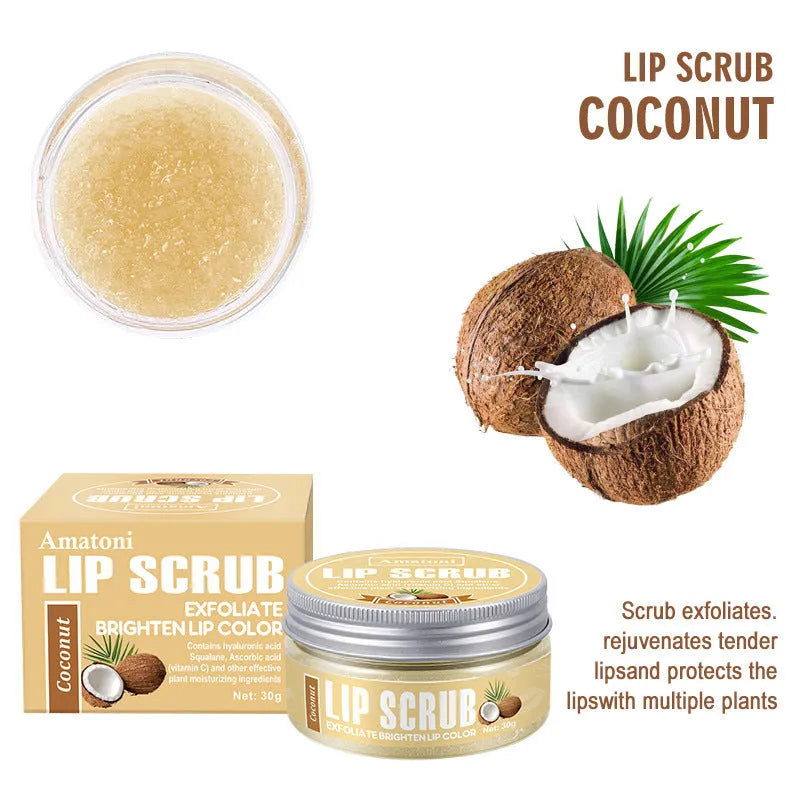 Amatoni lip scrub cream pot in coconut, raspberry, vanilla, or watermelon flavour, 30g size.