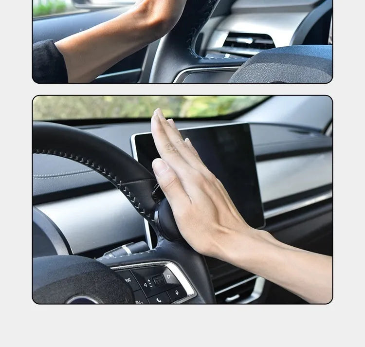 Black silicone steering wheel assist ball with metal bearing for single-handed driving aid.