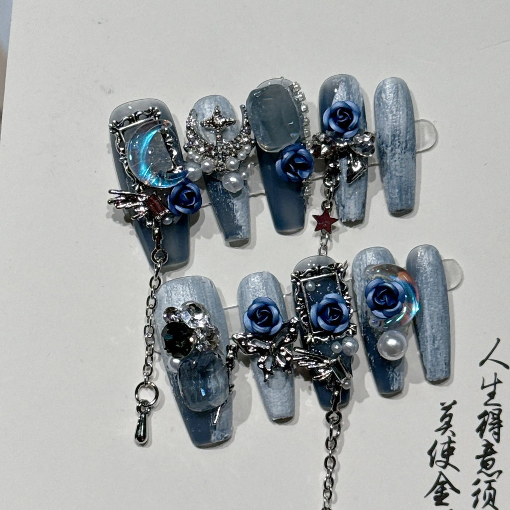 Heavy industry night blue evening nails with rose and tulip floral pattern in four sizes