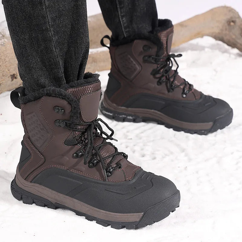 Men's black high-top boots with fleece lining, flat heel, and lace-up front on a ribbed TPR sole.