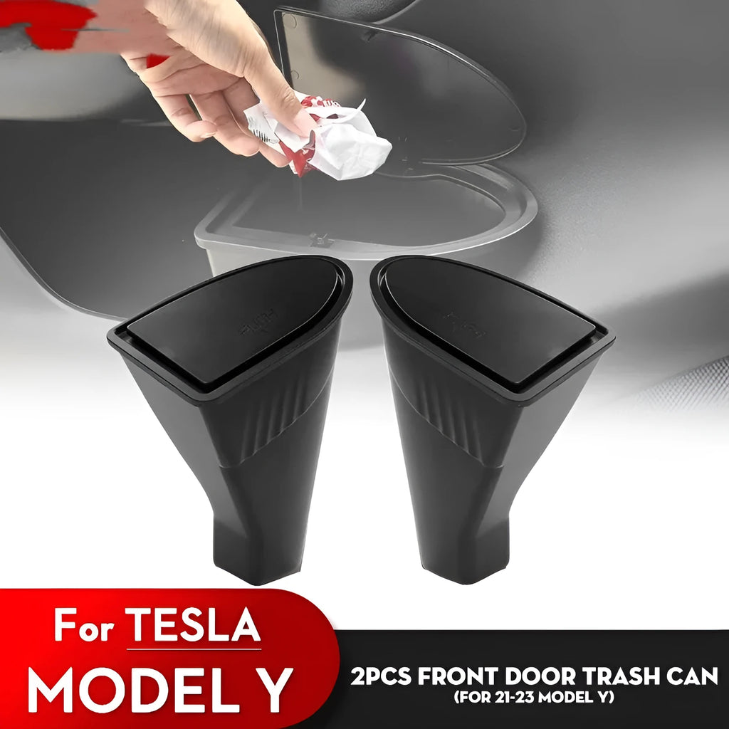 Two black ABS plastic car door trash cans for Tesla Model Y.