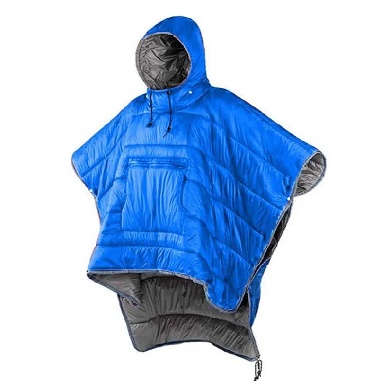 Army Green wearable cloak sleeping bag for adults laid flat, showing 200x140cm size and cape design.