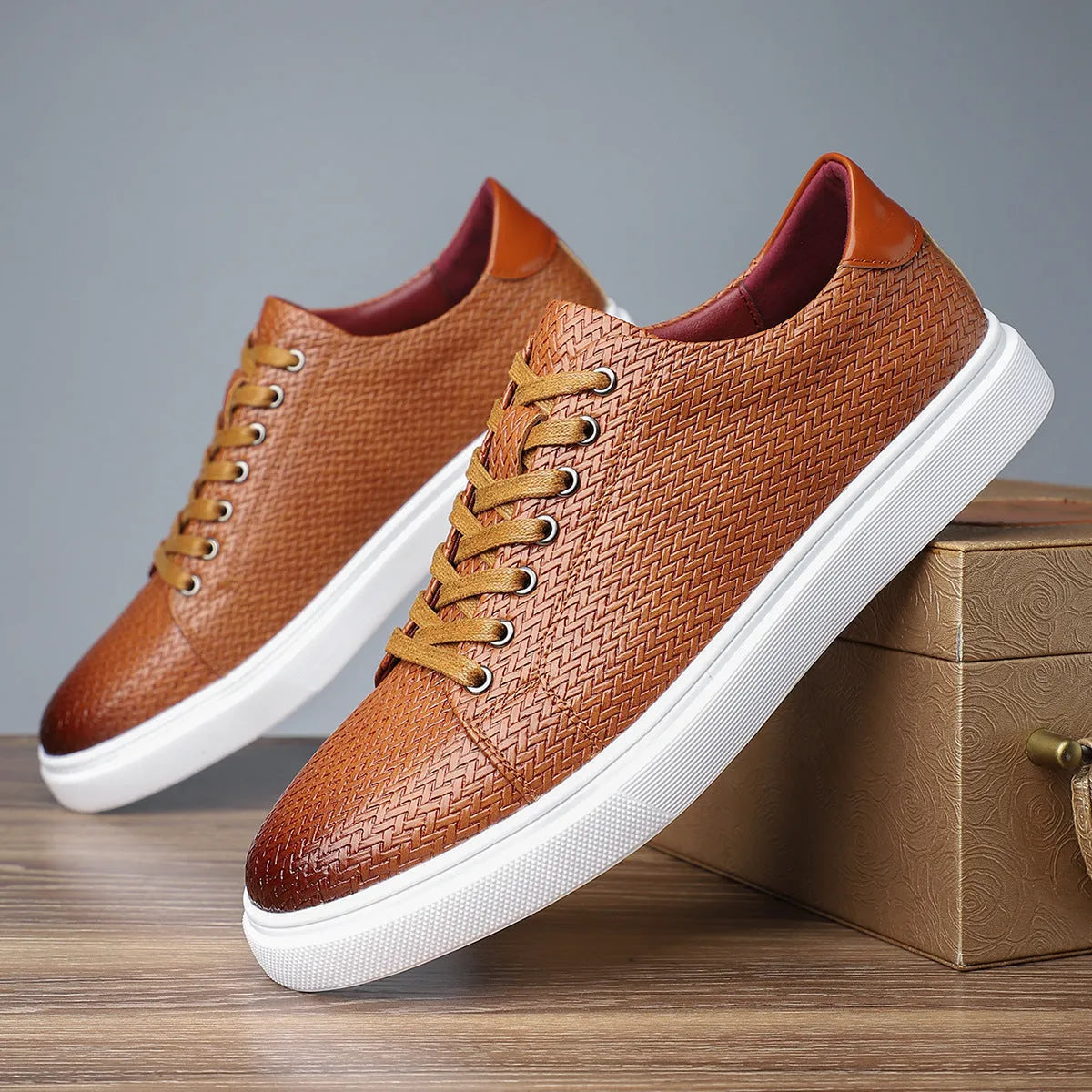Men's British style leather shoes in black, red, or yellow with artificial PU upper and rubber sole