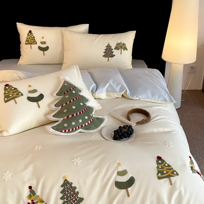 Cream Blue cotton duvet cover with embroidered Christmas tree and floral pattern, part of a four-piece bedding set.