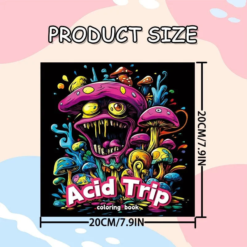 Acid tour coloured A5 painting book open on a table with drawing tools.