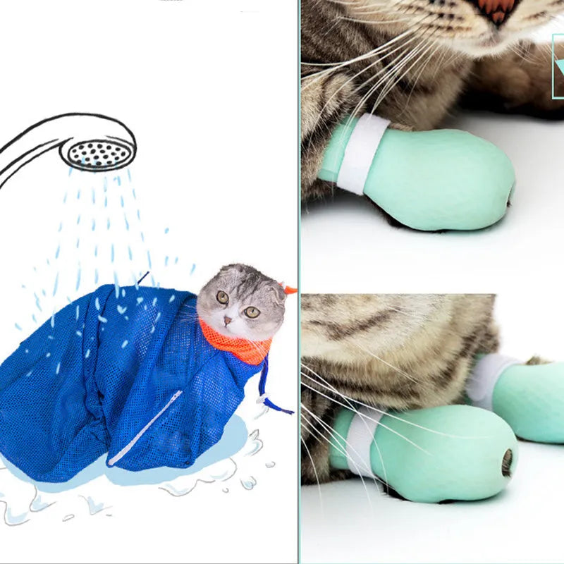 Four green silicone cat anti-scratch foot covers for pet handling protection