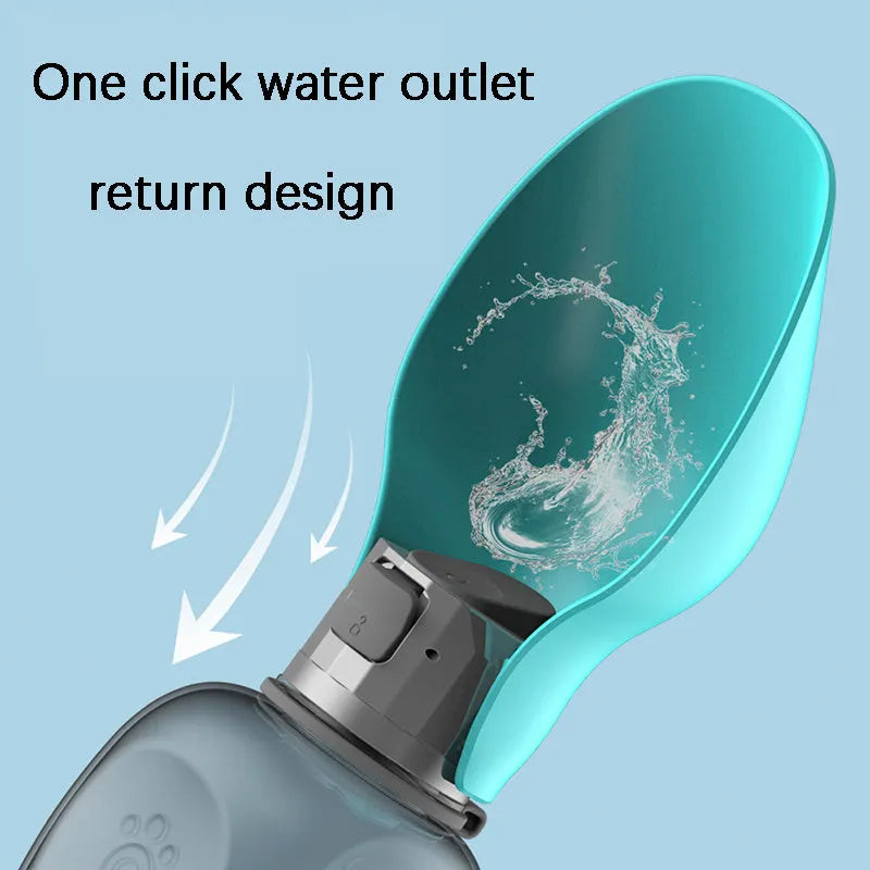 Blue grey portable 800ml dog water bottle with foldable drinking bowl and wrist strap.