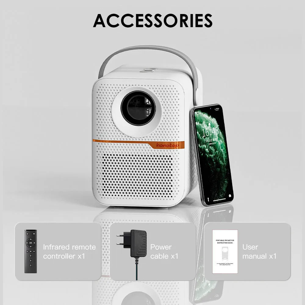 P10 portable Android projector in black or white with 720p resolution and 400 lumens brightness