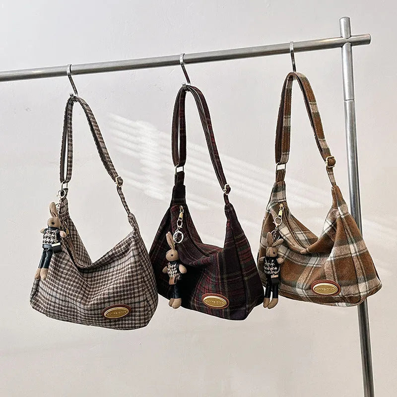 Women's large capacity woolen shoulder bag in horizontal square shape with crossbody strap