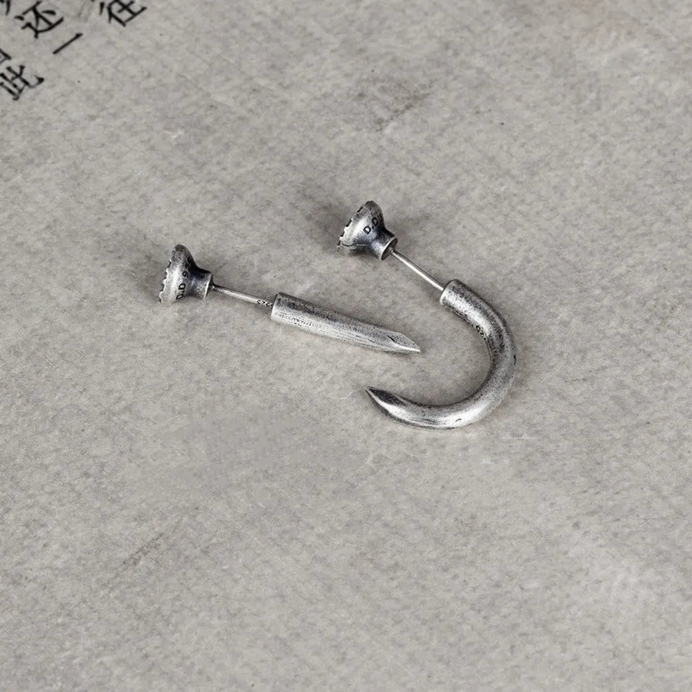 S925 sterling silver nail stud earrings in straight or curved punk designs with ear hook fittings