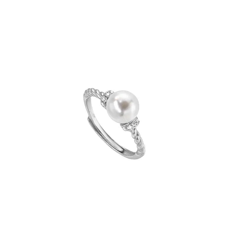 Adjustable antique twist geometric ring with pearl inlay in gold and silver copper