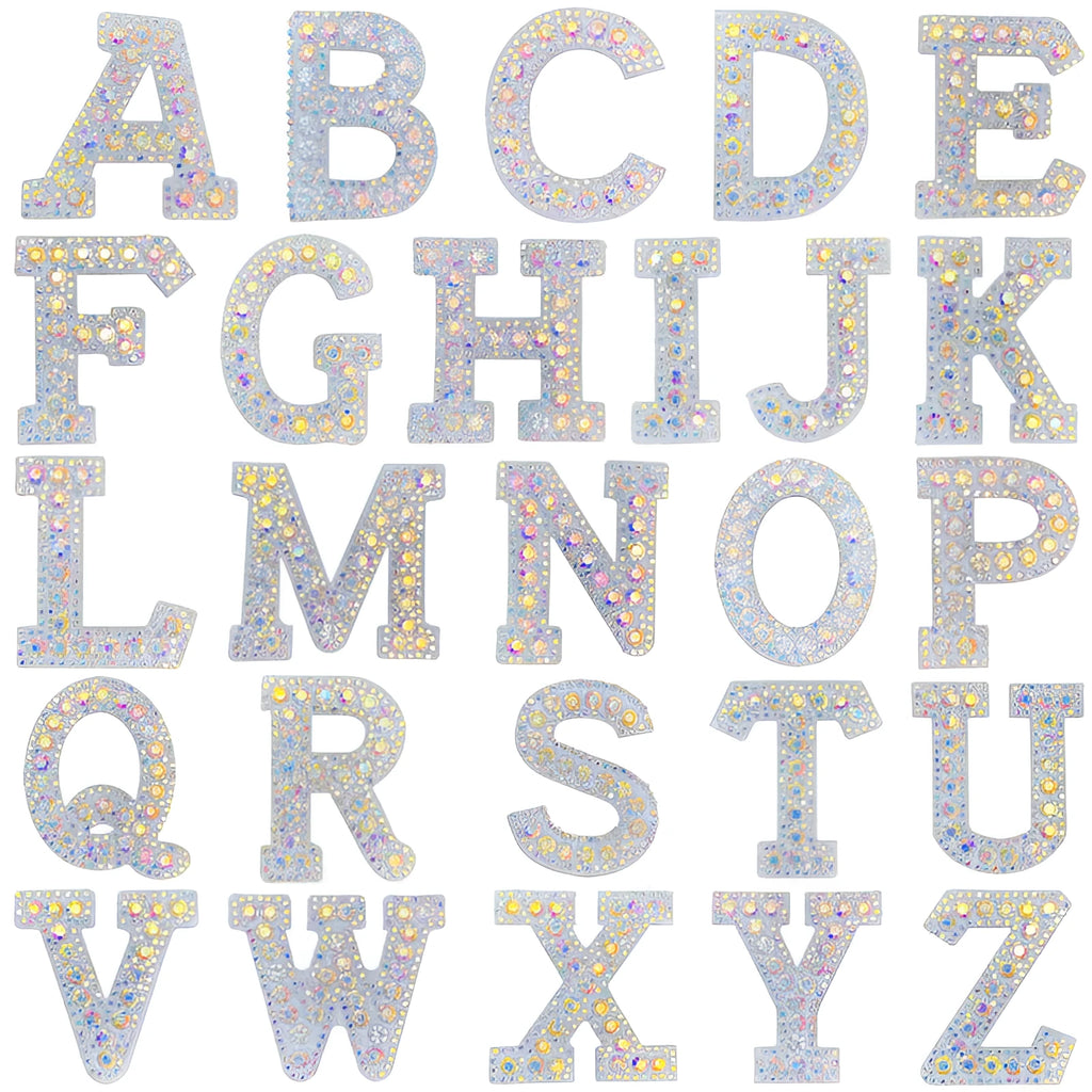 AB colour rhinestone letter emblem badge patch cloth sticker self-adhesive on white background