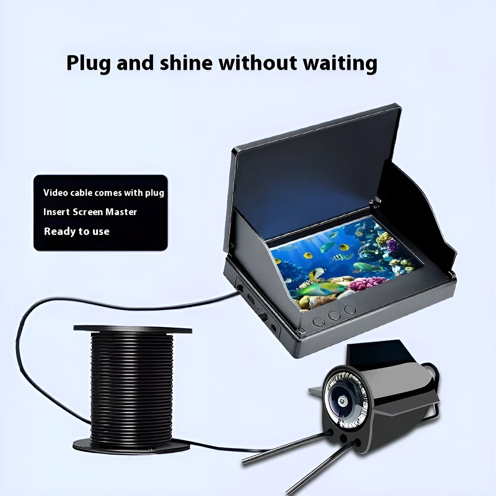 Underwater fishing camera with 4.3-inch screen, camera unit, and coiled cable on a fishing boat deck