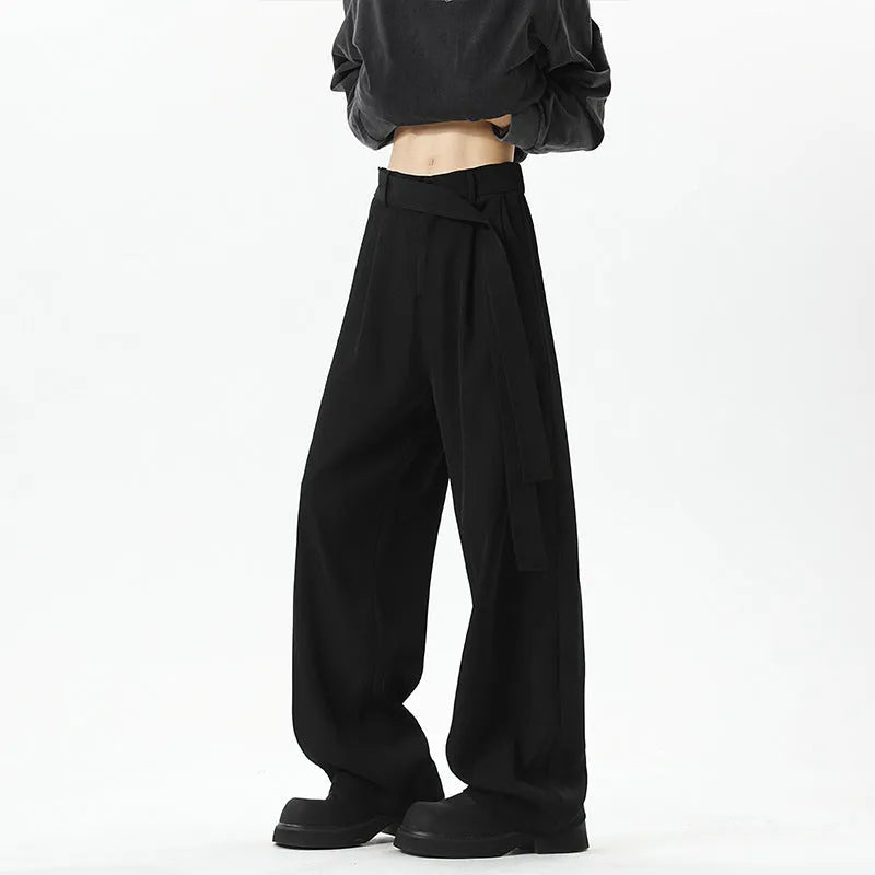 Men's plus size loose fit cotton blend casual trousers with ribbon oblique belt in black