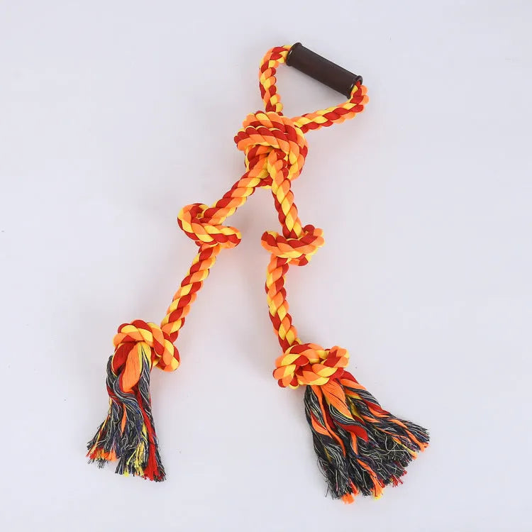 Blue and yellow cotton rope dog toy with non-slip handle for large breed aggressive chewers