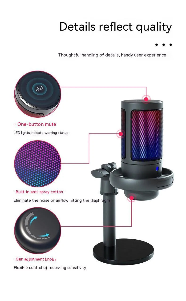 RGB condenser microphone for computer recording and live broadcast with USB cable