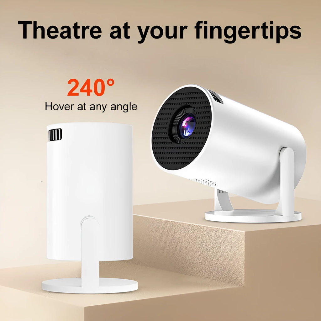 White mini wireless HD portable projector and wireless projection screen for home use.
