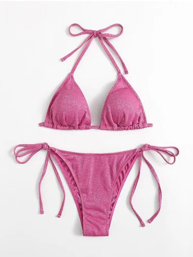 Women's khaki gold bandage detail bikini swimsuit set on a mannequin, showing top and briefs.