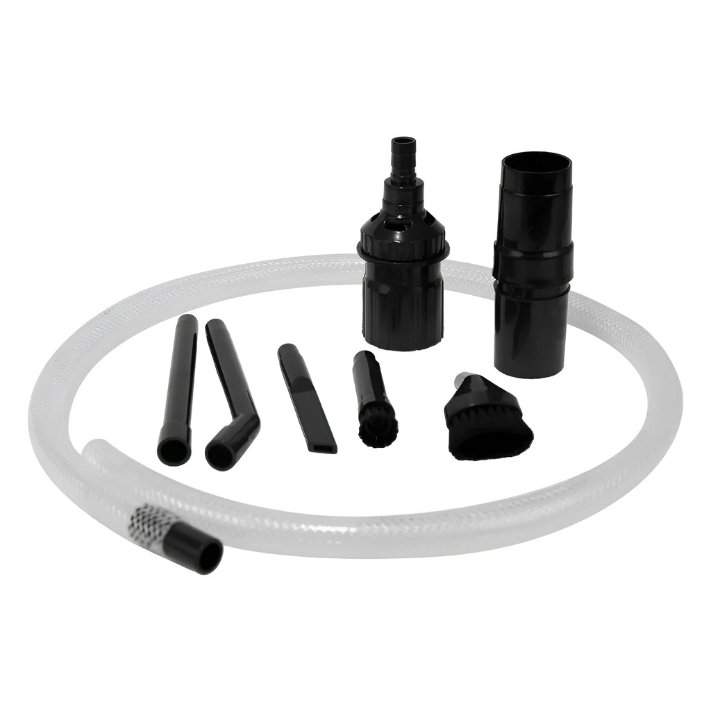 Eight-piece set of vacuum cleaner suction heads and nozzles for compact space cleaning.