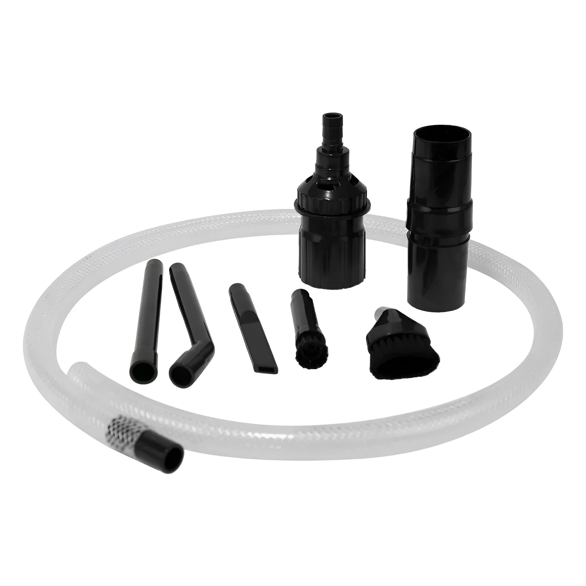 Eight-piece set of vacuum cleaner suction heads and nozzles for compact space cleaning.