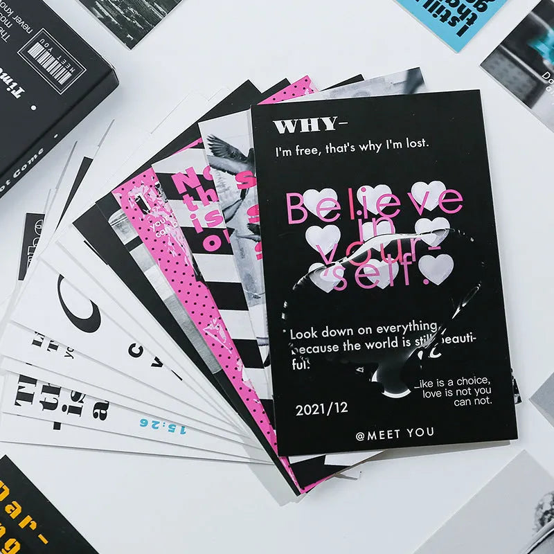 Set of two creative printed postcards with 'Fresh' and 'Time Not Arrived, Warm Wind Not Exhausted' designs.
