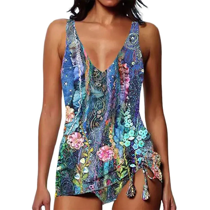 Women's printed triangle bikini with split bottom shorts in spandex material