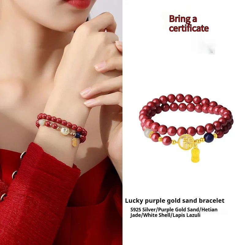 S925 sterling silver bracelet with purple gold sandstone charm, white shell card, and red cinnabar details.