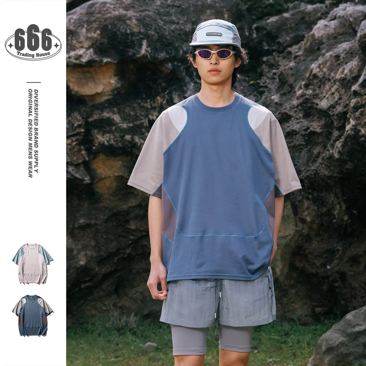 Men's loose blue t-shirt with patchwork contrast colour design and short raglan sleeves.