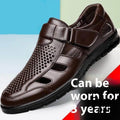 Men's business casual hollow leather sandals with PU upper and Velcro closure in black and brown