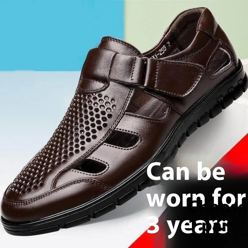 Men's business casual hollow leather sandals with PU upper and Velcro closure in black and brown