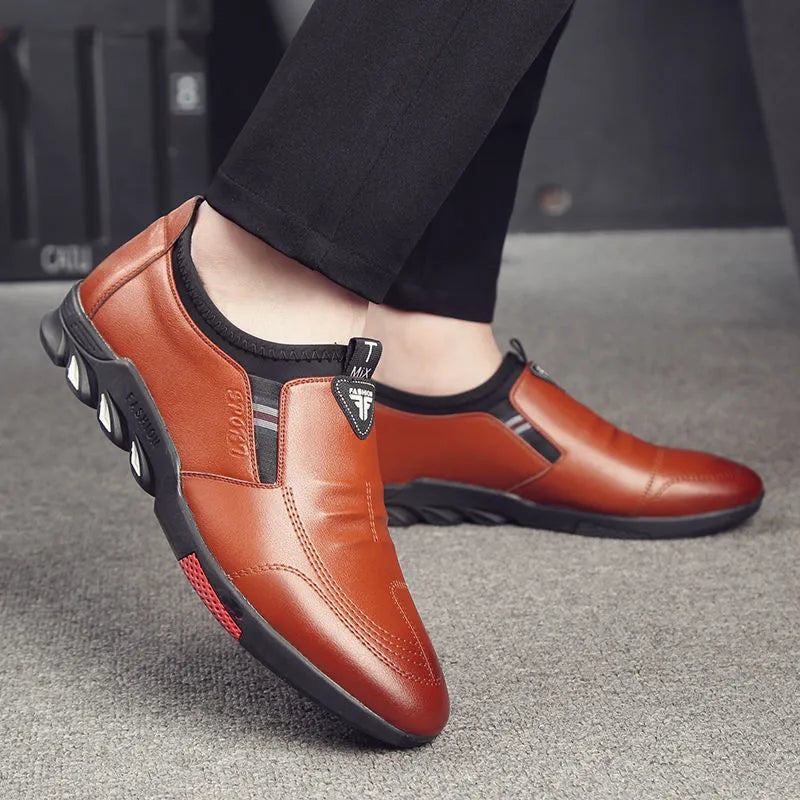Men's black and brown PU business shoes with flat heel in lace-up and slip-on styles